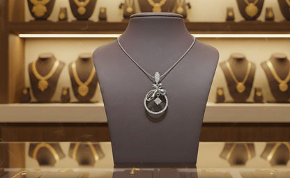 Silver Bow Pendant  Rose Gold Circle, Adjustable Chain Moissanite Necklace