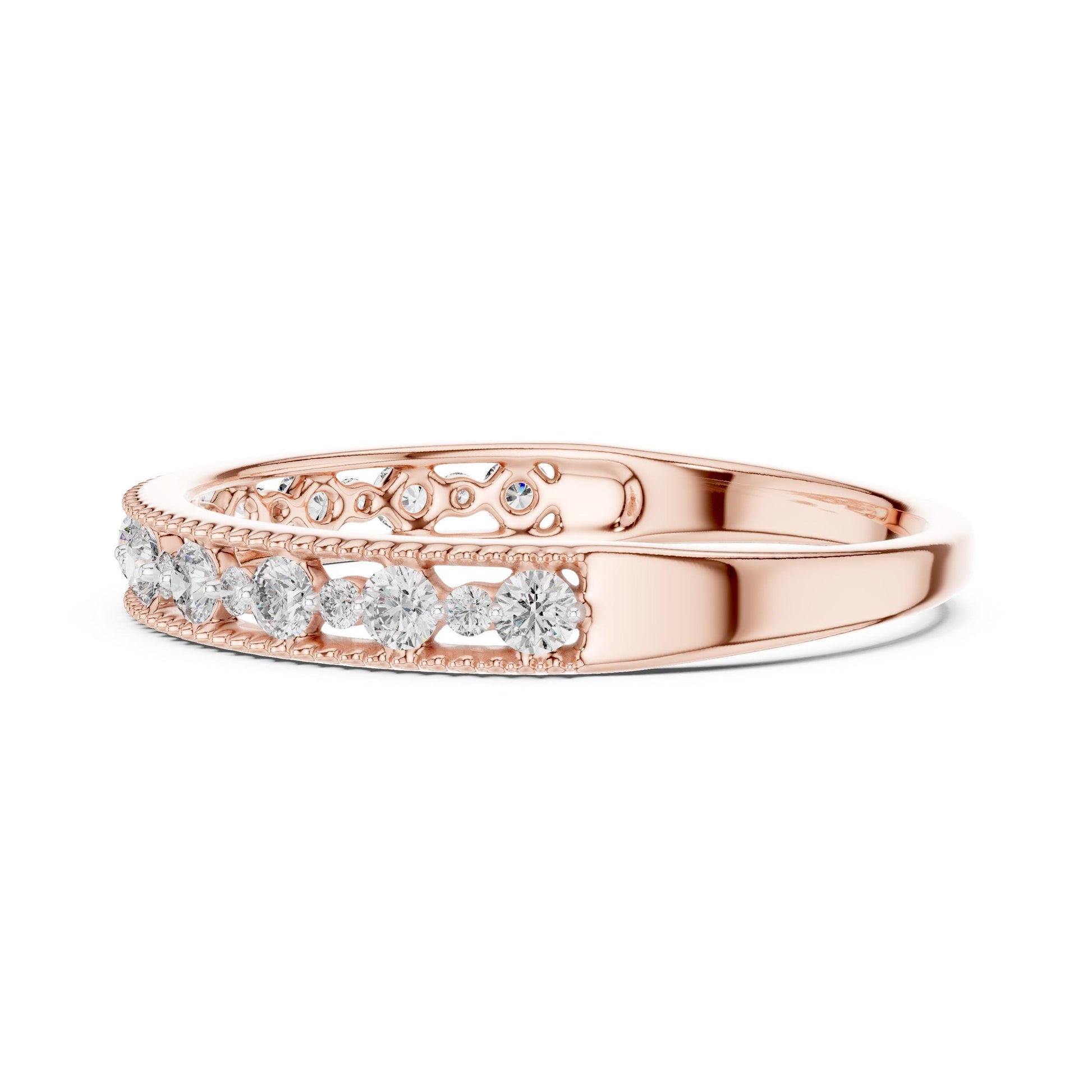 Riora moissanite eternity wedding band in rose gold, silver, and gold stackable rings for anniversary and bridal jewelry.