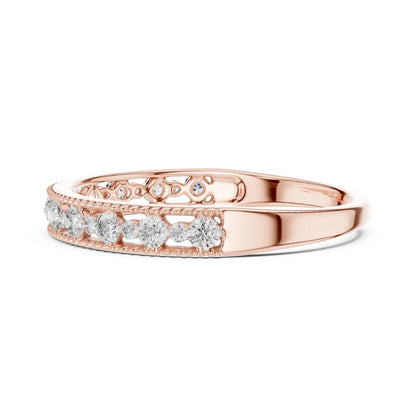Riora moissanite eternity wedding band in rose gold, silver, and gold stackable rings for anniversary and bridal jewelry.