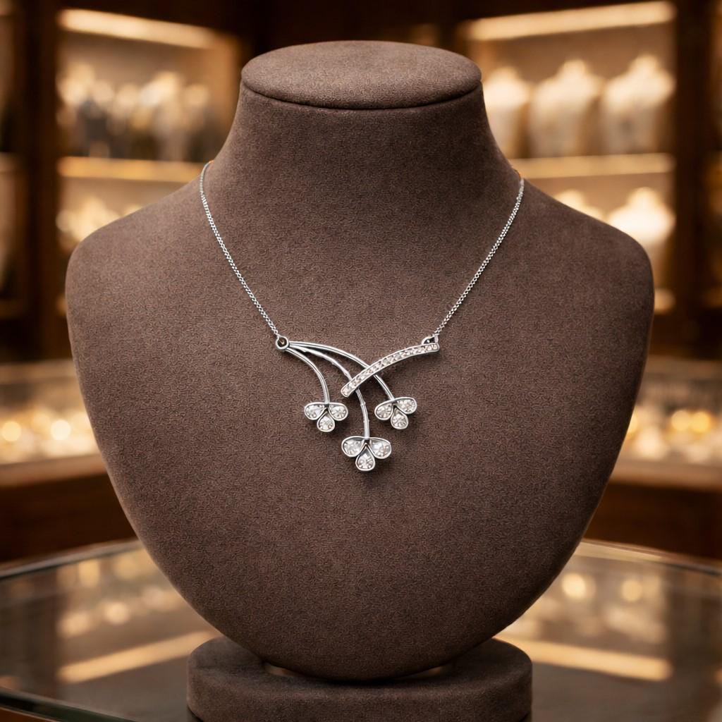 Riora moissanite floral branch necklace with diamond flower pendant in rose gold, elegant bridal jewelry for weddings