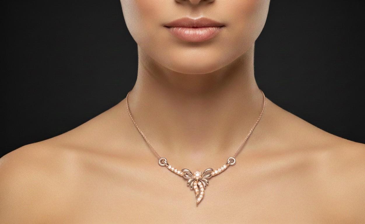 Moissanite Bow Pendant Necklace for Women | Gold, Rose Gold & Silver | Adjustable 22" Chain | Elegant Gift