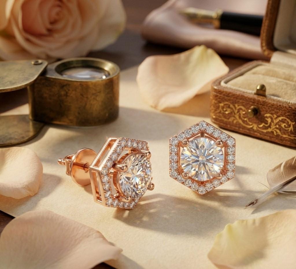 Riora hexagon moissanite diamond stud earrings in rose gold and silver, minimalist geometric dainty jewelry for women