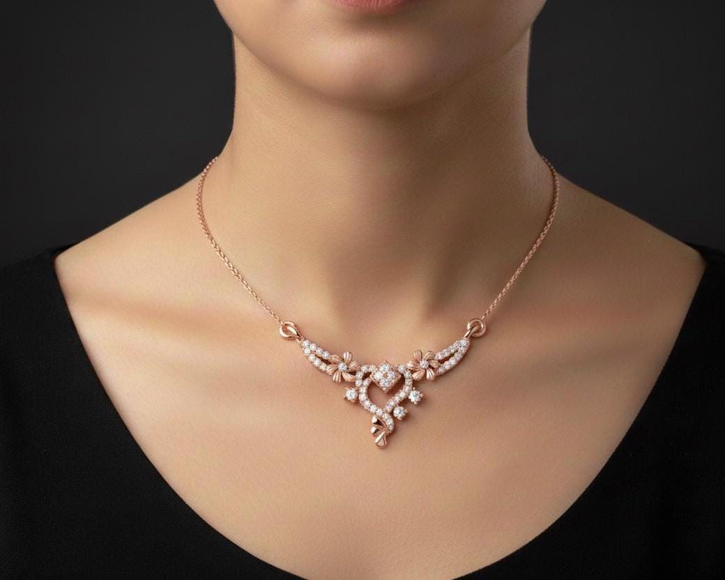 Moissanite Floral Pendant Necklace, Gold Rose Silver Adjustable Chain, Elegant Wedding Jewelry
