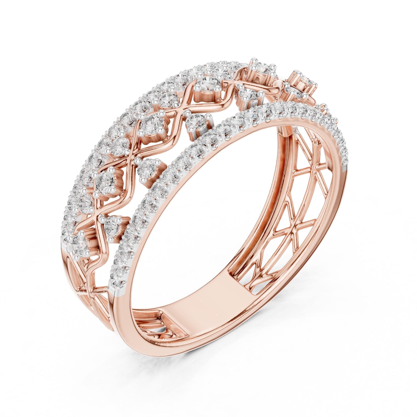 Riora vintage lattice moissanite diamond eternity band in rose gold and silver, featuring intricate jewelry design for weddings and anniversaries.