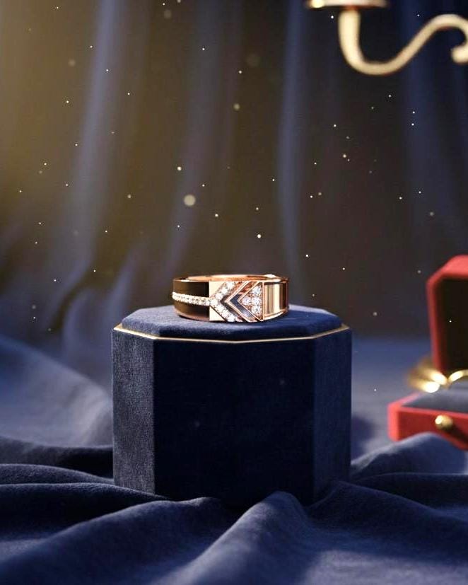 Riora luxury geometric cubic zirconia band ring in gold, silver, and rose gold with nickel-free statement design.