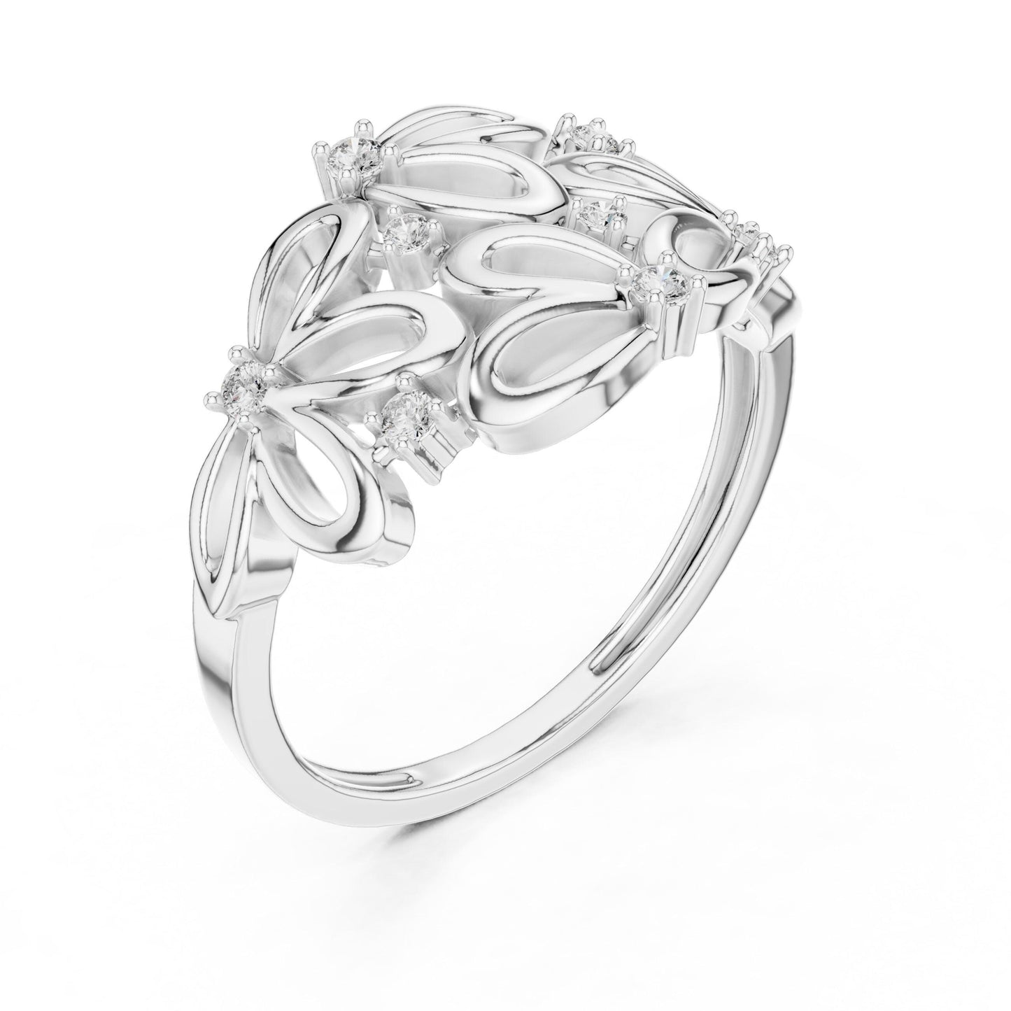 Riora moissanite floral cluster ring in rose gold with flower-shaped diamond accents, vintage style bridal and anniversary jewelry