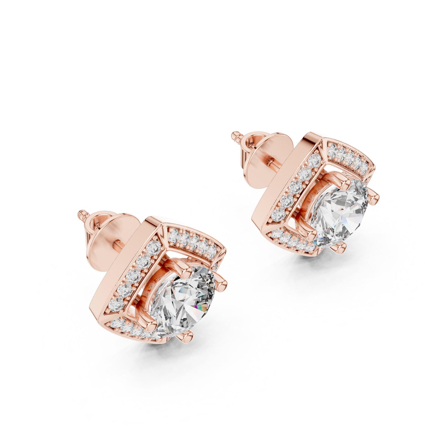 Riora moissanite diamond stud earrings in rose gold and silver, minimalist bridal jewelry for women, elegant and sparkling.