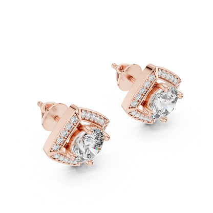 Riora moissanite diamond stud earrings in rose gold and silver, minimalist bridal jewelry for women, elegant and sparkling.