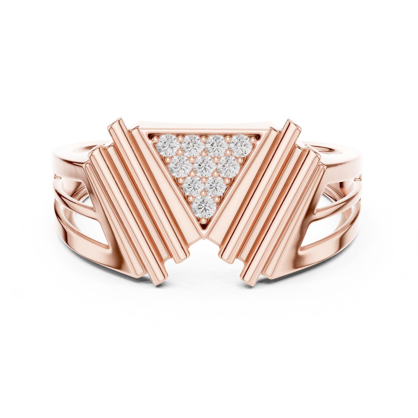 Rose gold minimalist promise ring with geometric triangle moissanite diamond by Riora, modern and elegant jewelry for women.