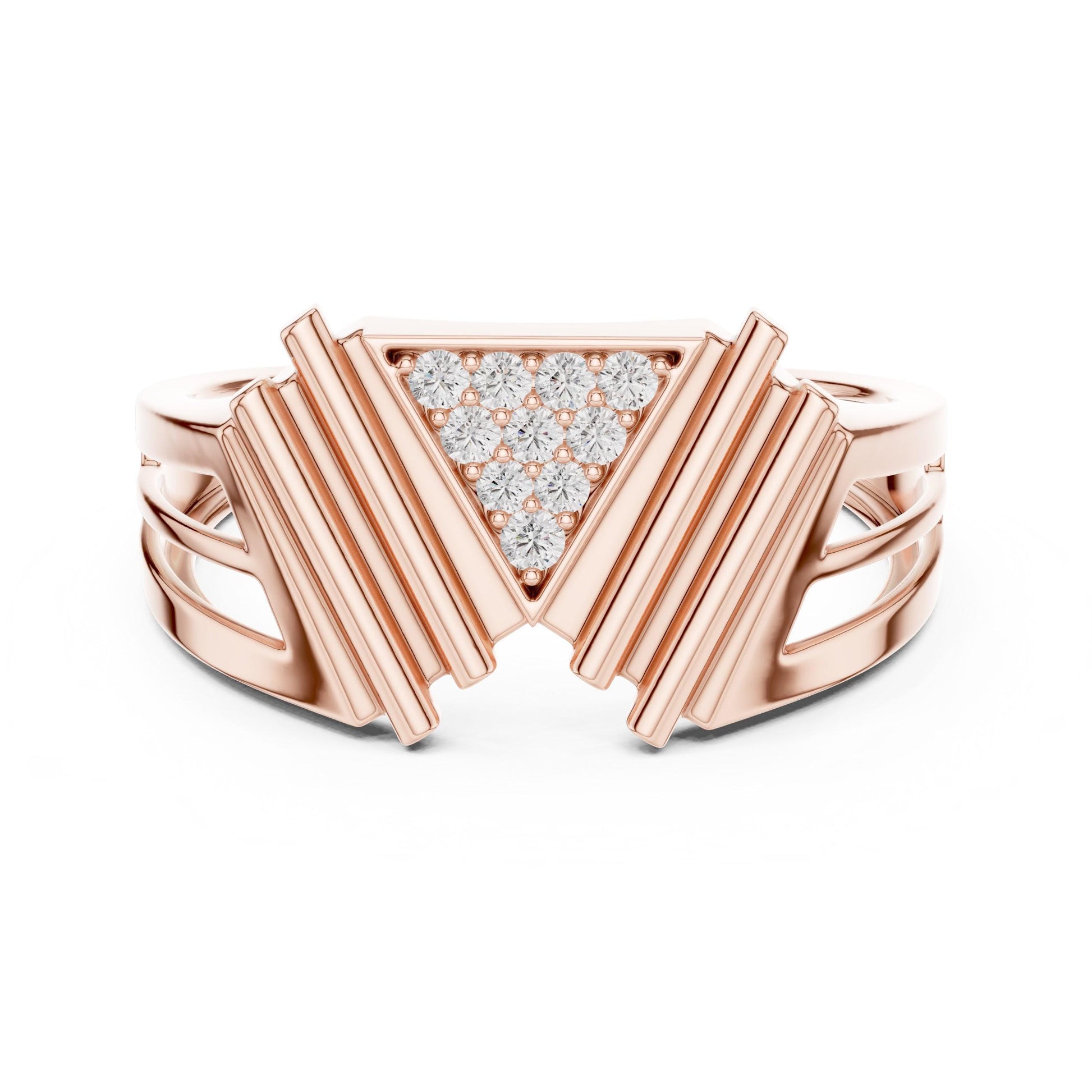 Rose gold minimalist promise ring with geometric triangle moissanite diamond by Riora, modern and elegant jewelry for women.