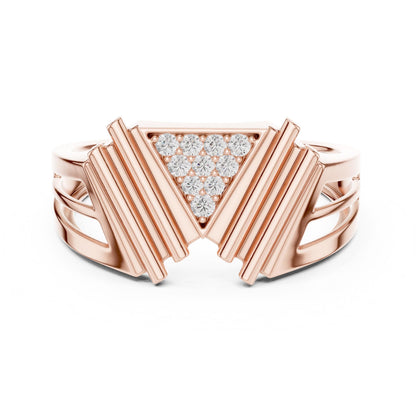 Rose gold minimalist promise ring with geometric triangle moissanite diamond by Riora, modern and elegant jewelry for women.