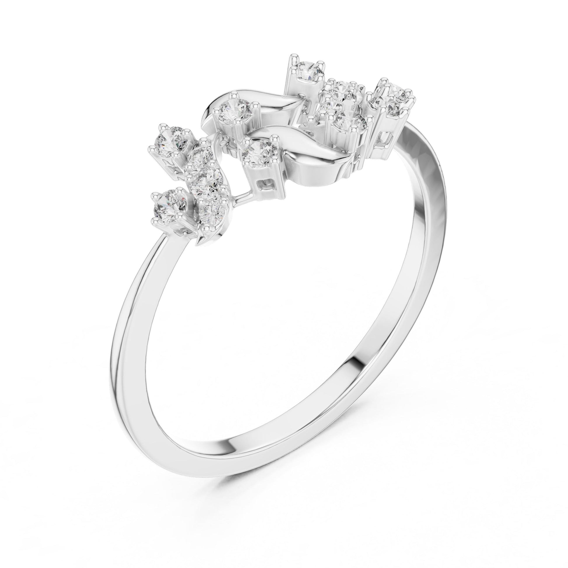 Rose gold floral vine moissanite diamond wedding band with leaf design, dainty engagement ring from Riora featuring elegant jewelry details.