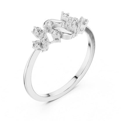 Rose gold floral vine moissanite diamond wedding band with leaf design, dainty engagement ring from Riora featuring elegant jewelry details.