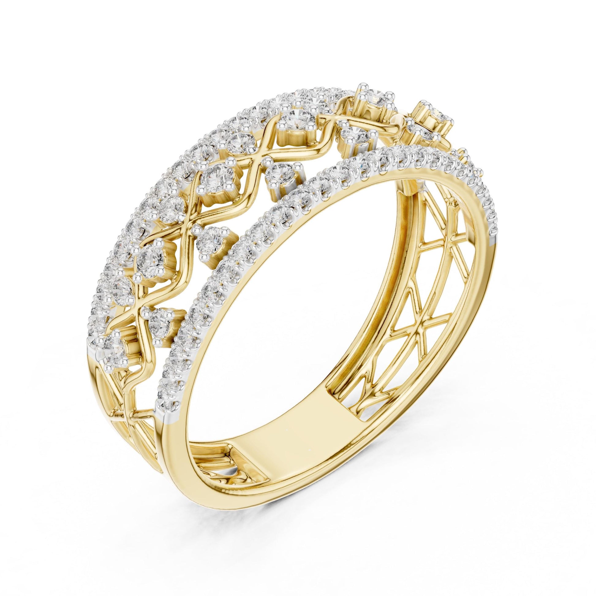 Riora moissanite diamond eternity band vintage lattice wedding ring in rose gold and silver, featuring sparkling stones and intricate design.