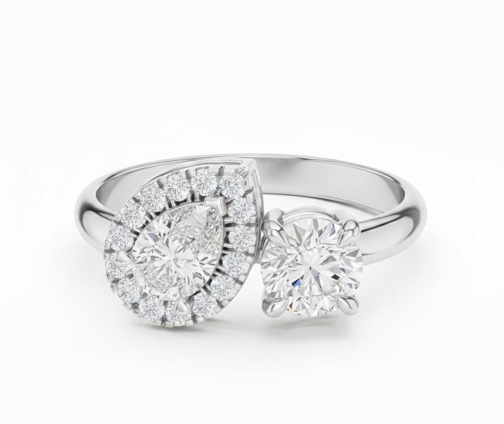 Two Stone CZ Ring | Pear & Round Halo | Gold, Rose Gold & Silver