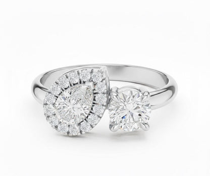 Two Stone CZ Ring | Pear & Round Halo | Gold, Rose Gold & Silver