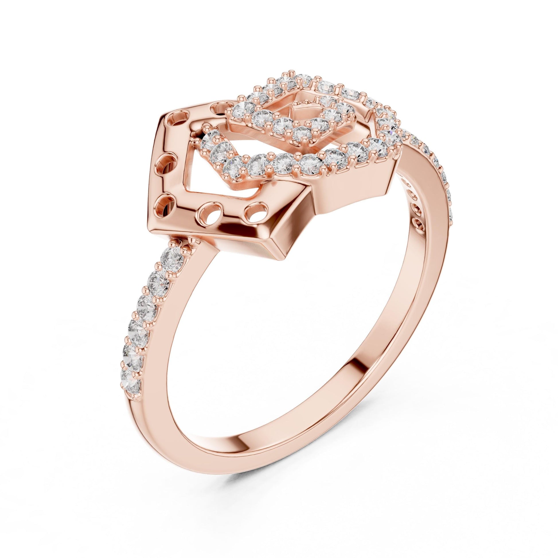 Gold and silver geometric CZ ring with statement design, featuring sparkling cubic zirconia, ideal for engagement or promise jewelry.