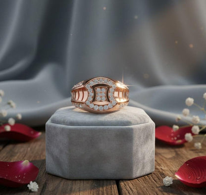 Gold-plated luxury moissanite diamond statement ring for women, bold cocktail or bridal jewelry by Riora.