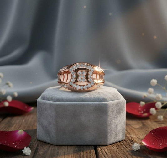 Gold-plated luxury moissanite diamond statement ring for women, bold cocktail or bridal jewelry by Riora.