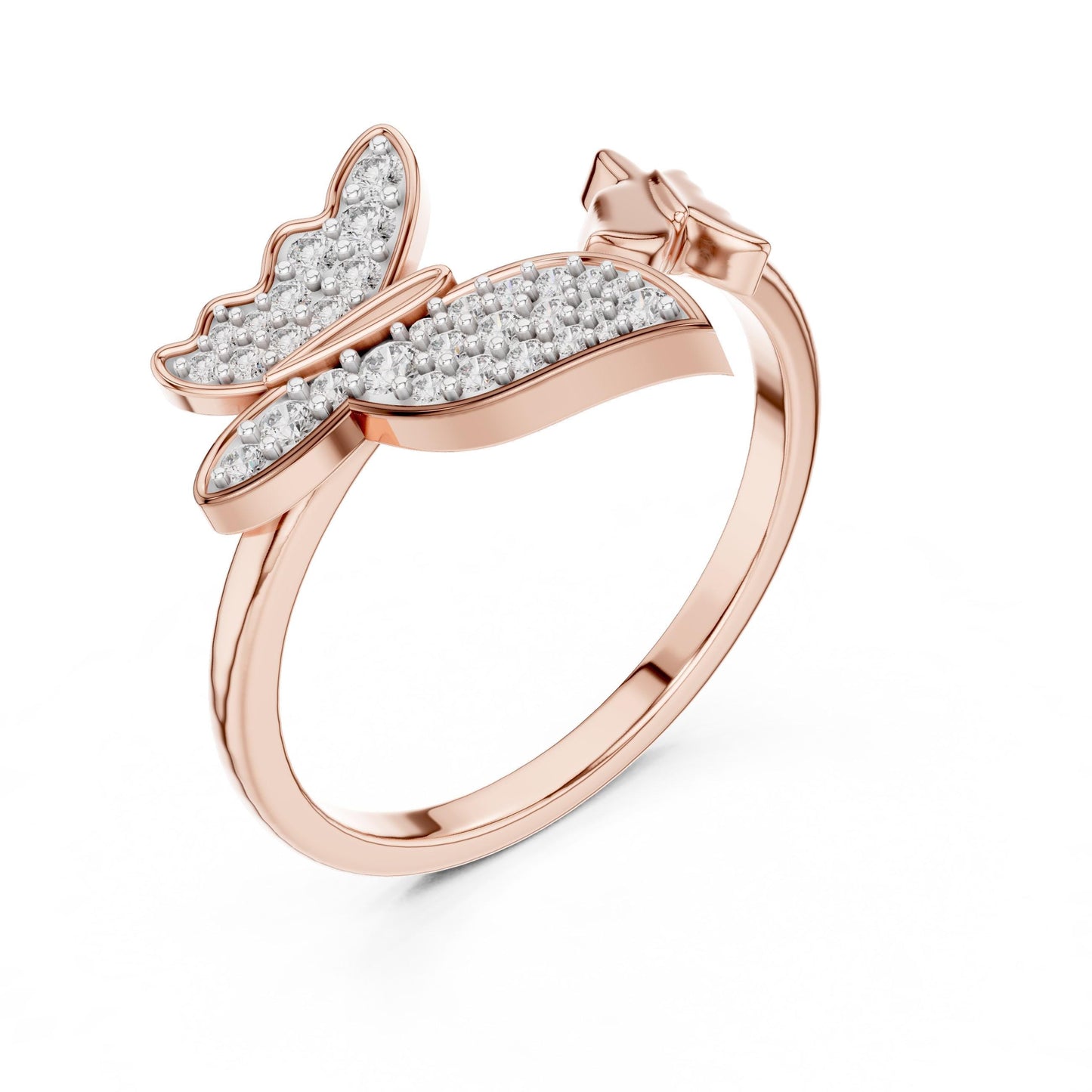 Riora moissanite butterfly ring in gold, rose gold, and silver with nature-inspired design and minimalist diamond-like details.