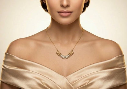 Riora moissanite crescent necklace in gold, rose gold, and silver with elegant bridal jewelry design, perfect for weddings and gifts.