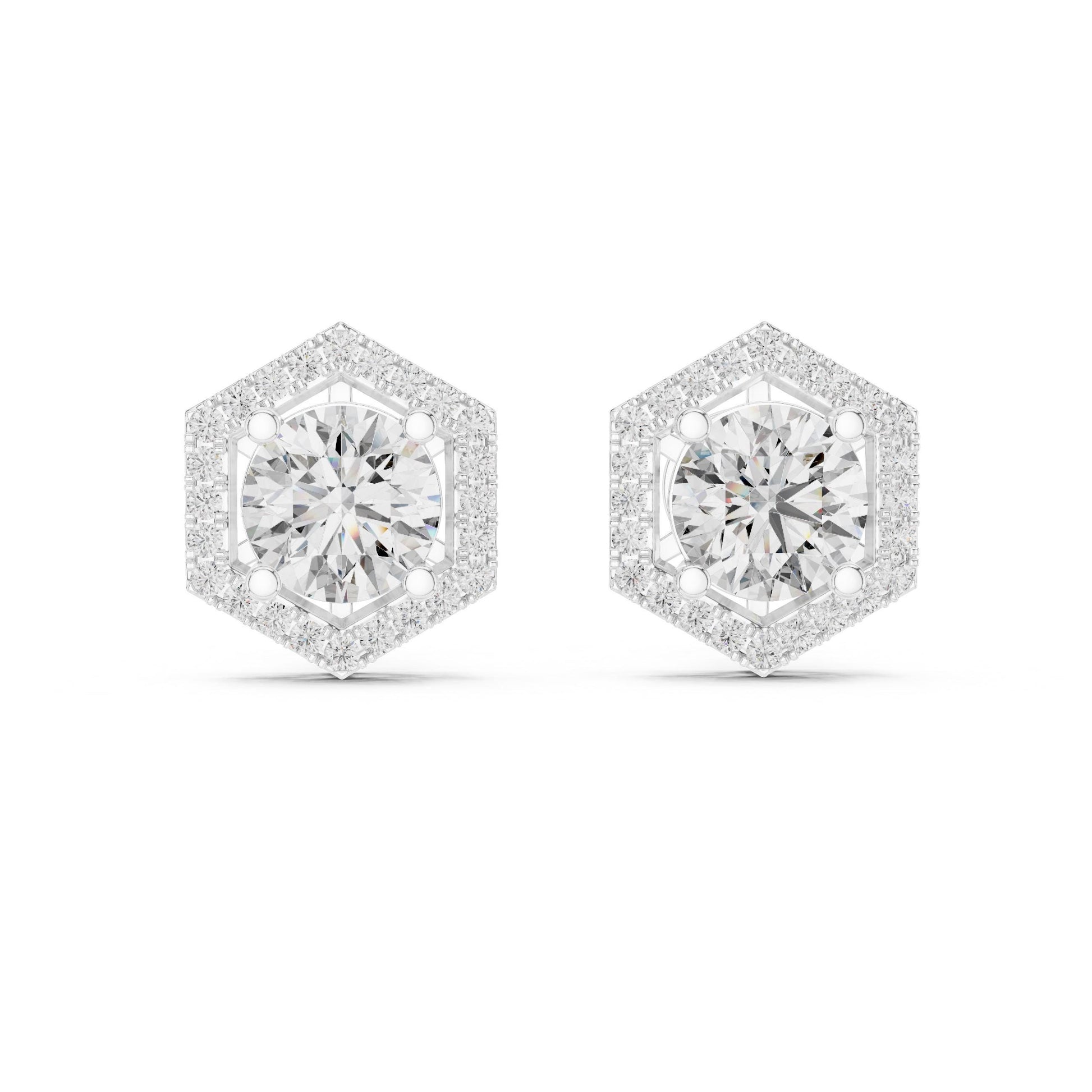 Riora hexagon moissanite diamond stud earrings in rose gold and silver, minimalist geometric jewelry for women.