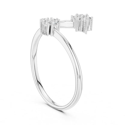 Riora Moissanite open bypass ring with double cluster floral halo design in gold and rose gold finish