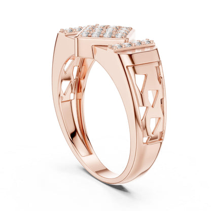 Elegant gold and rose moissanite diamond engagement ring by Riora with intricate band design for bridal jewelry.