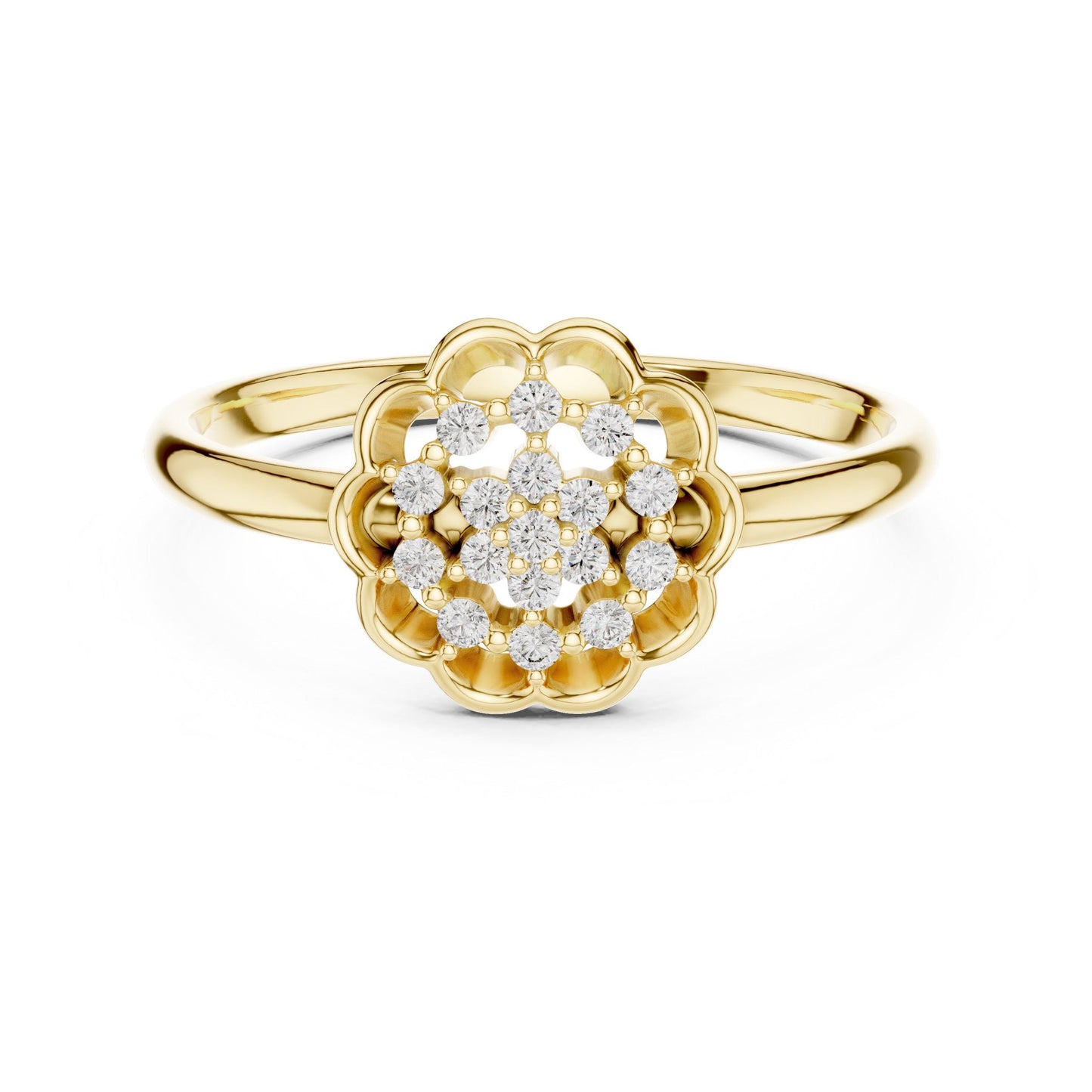 Riora floral halo moissanite diamond gold rose engagement ring with vintage flower design, perfect for wedding or promise jewelry.