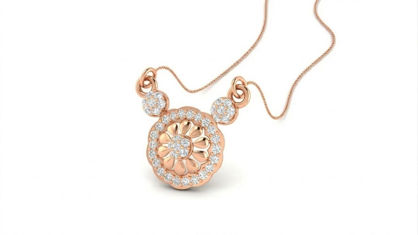 Rose gold moissanite floral pendant necklace with vintage flower design, elegant bridal jewelry for women by Riora.