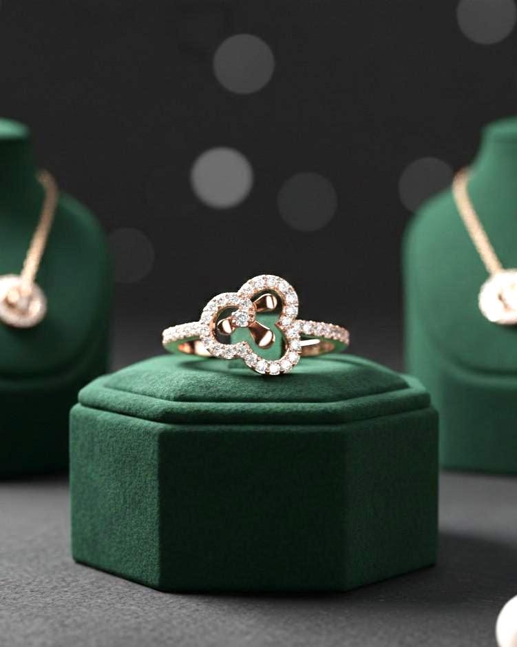 Riora elegant rose gold floral clover moissanite diamond ring with minimalist design for women, featuring lucky floral details.