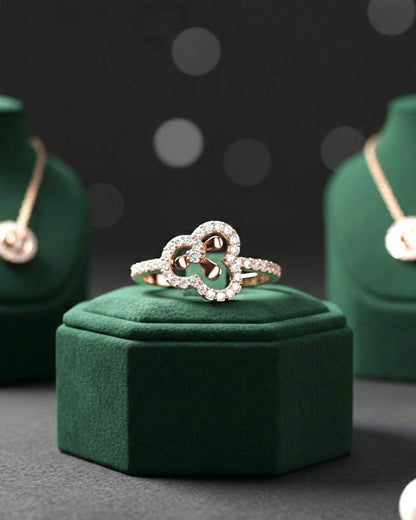 Riora elegant rose gold floral clover moissanite diamond ring with minimalist design for women, featuring lucky floral details.