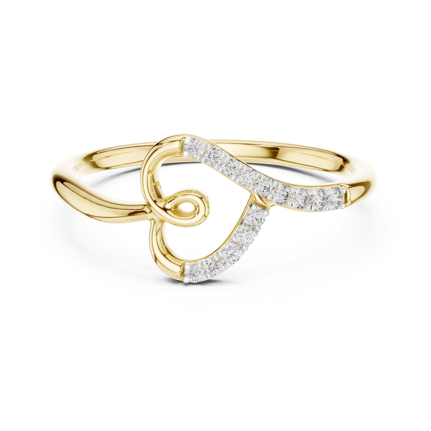 Riora moissanite heart ring with curved band in rose gold and silver, minimalist romantic jewelry for special occasions.