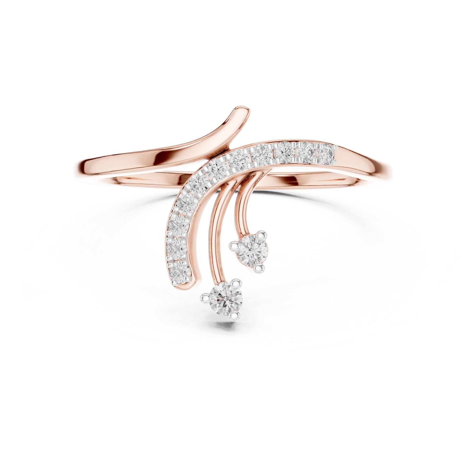 Riora moissanite curved diamond ring in gold, rose gold, and silver with minimalist stacking design and unique engagement style.