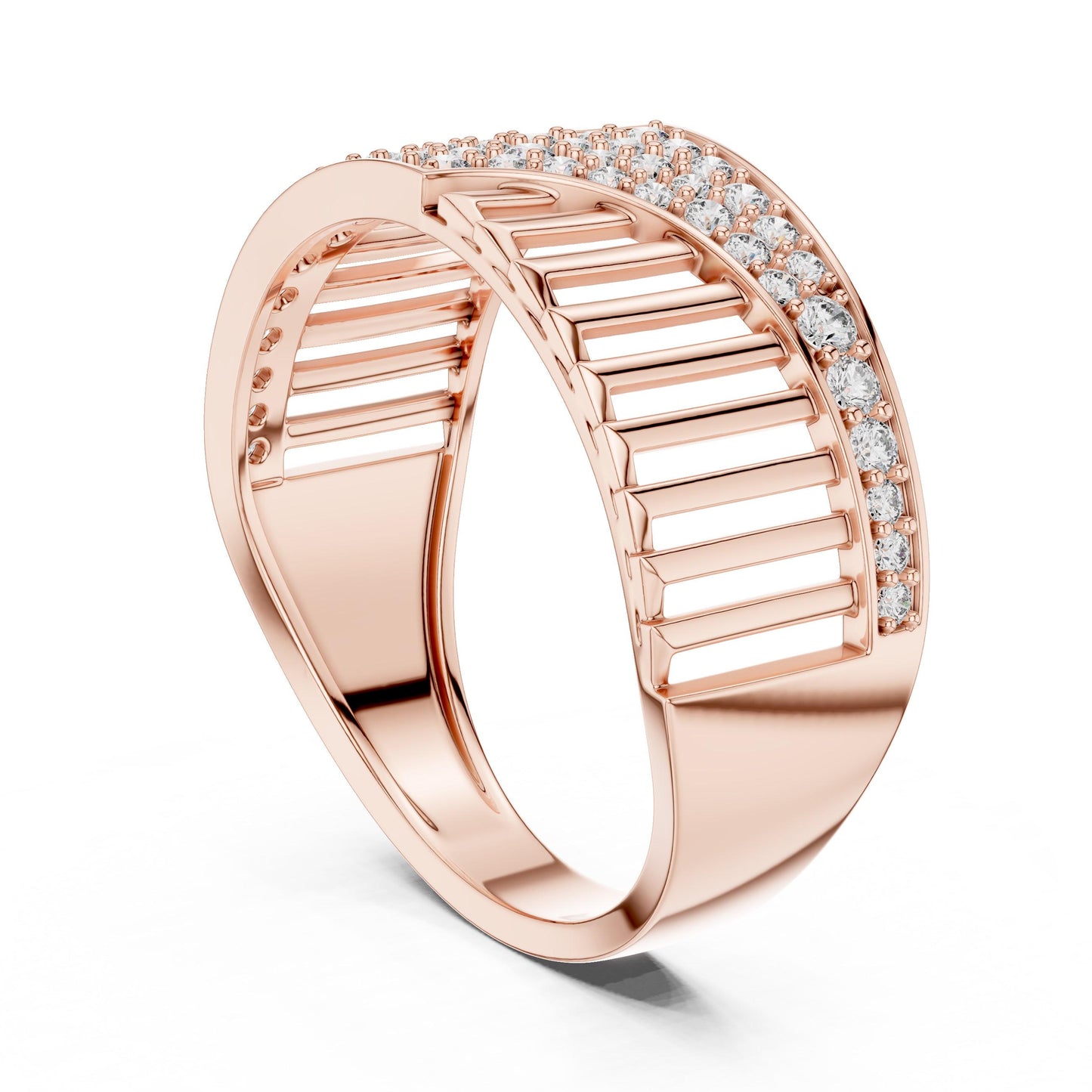 Riora curved CZ wide band ring in gold and silver, modern wedding and anniversary jewelry with sparkling stones and sleek design.