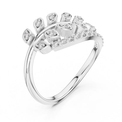 Riora Moissanite leaf wrap ring featuring a nature-inspired design with gold and silver open band and botanical accents.