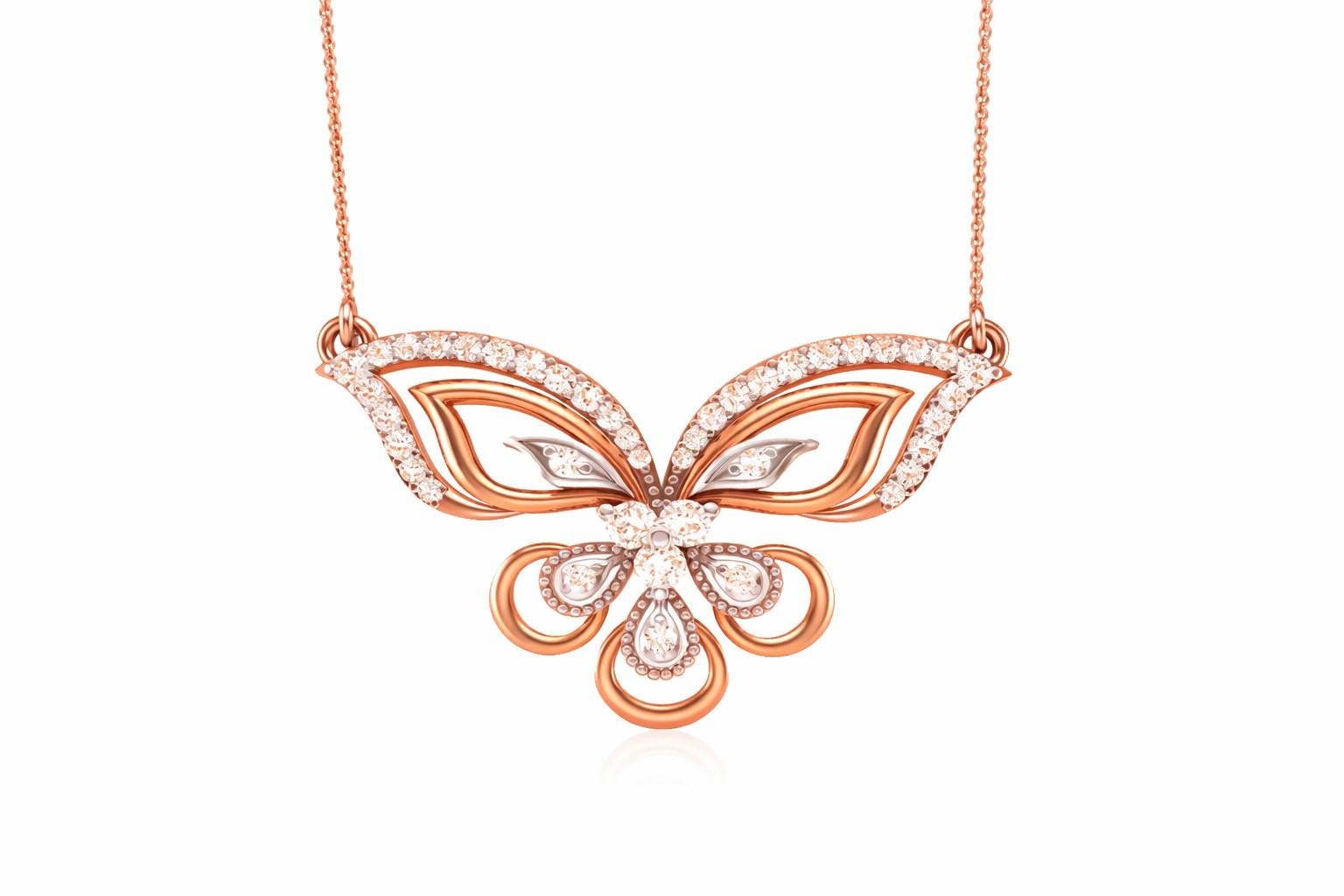Rose gold butterfly moissanite necklace with elegant pendant on adjustable chain, perfect for bridal or luxury jewelry wear.