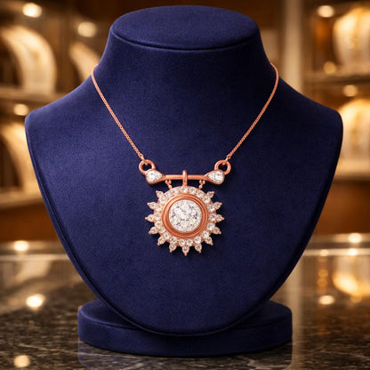 Riora Moissanite Sunburst Necklace in gold, rose, and silver with a bridal pendant design, minimalist luxury jewelry for women