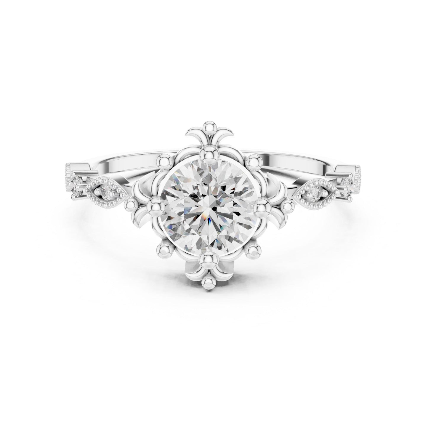 Rose gold floral moissanite engagement ring with round cut center stone and antique-inspired design, perfect for a bridal wedding ring.