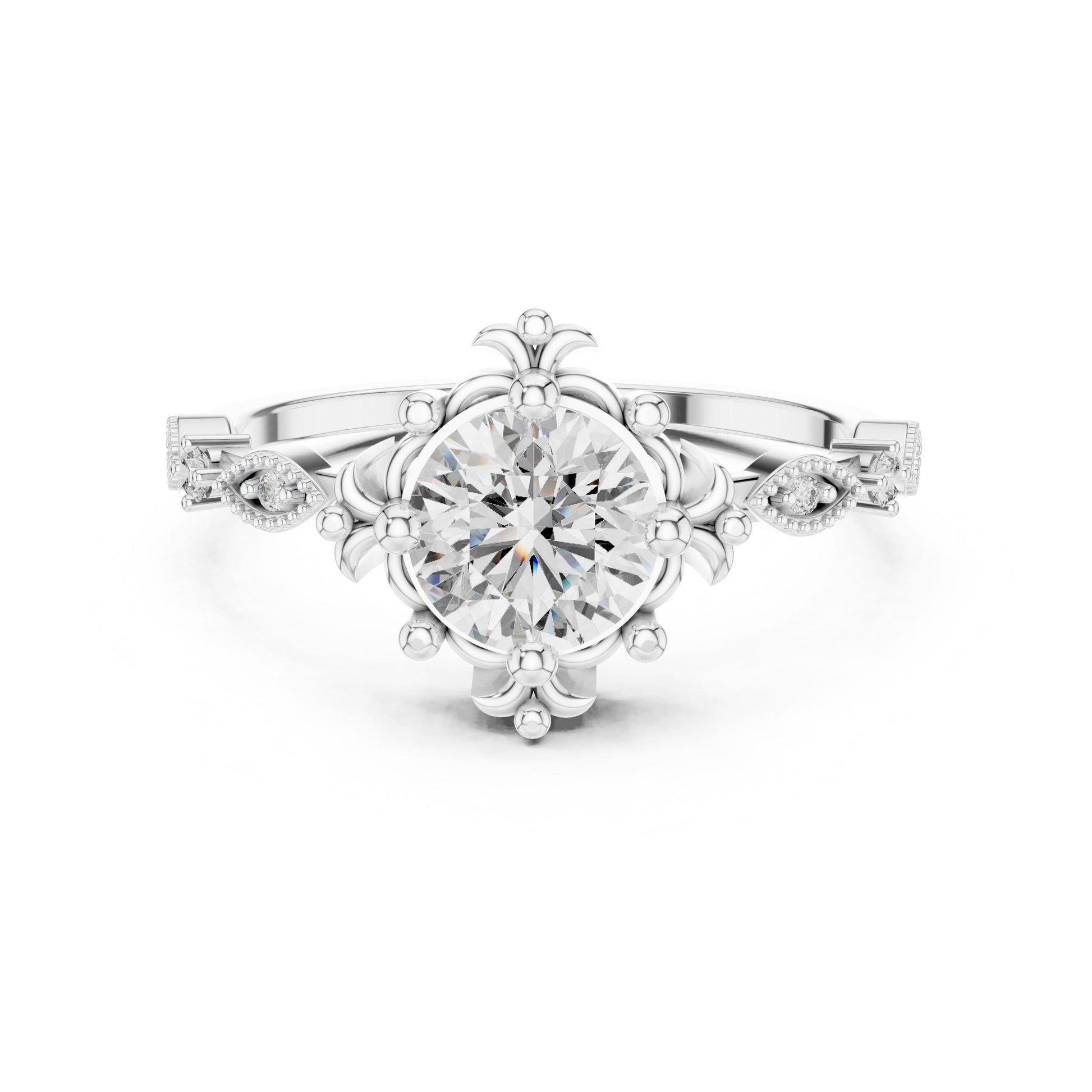 Rose gold floral moissanite engagement ring with round cut center stone and antique-inspired design, perfect for a bridal wedding ring.