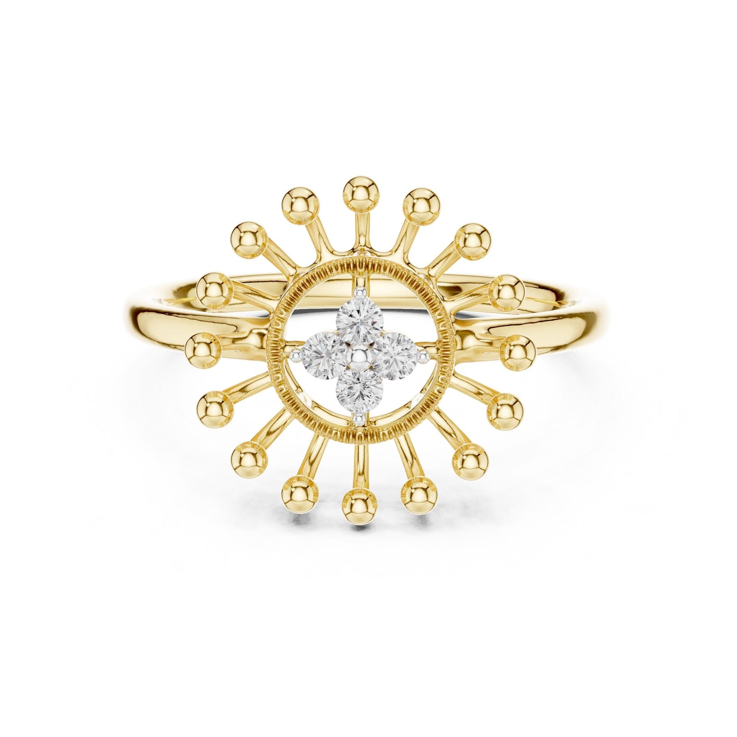 Moissanite sunburst ring with celestial halo design in gold, rose gold, and silver, vintage style engagement or wedding jewelry.