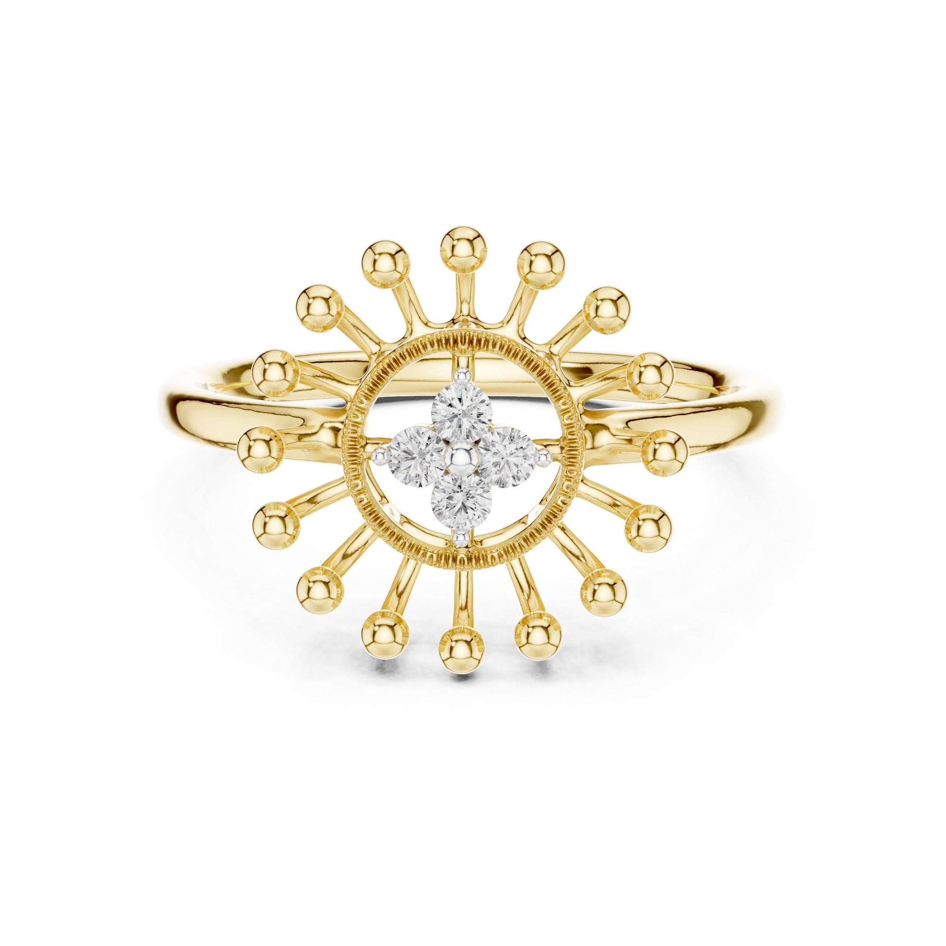 Moissanite sunburst ring with celestial halo design in gold, rose gold, and silver, vintage style engagement or wedding jewelry.