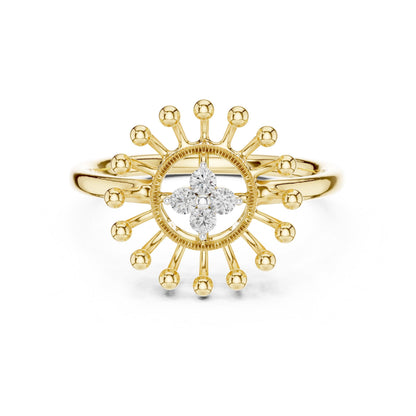 Moissanite sunburst ring with celestial halo design in gold, rose gold, and silver, vintage style engagement or wedding jewelry.