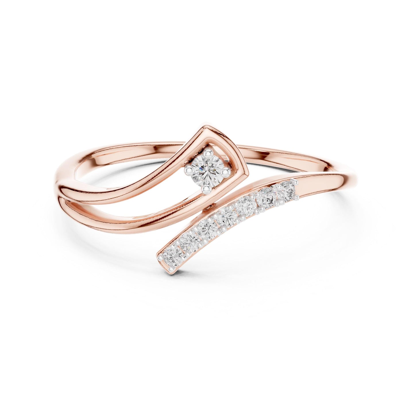 Riora Moissanite Wave Ring featuring a curved, minimalist open-wrap design in silver, gold, or rose with diamond-style accents.