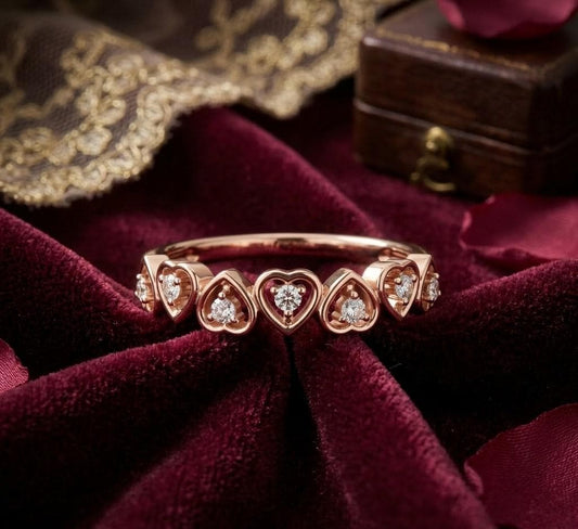 Riora moissanite heart crown ring with rose gold and silver finish, featuring a romantic minimalist design for women’s wedding jewelry.