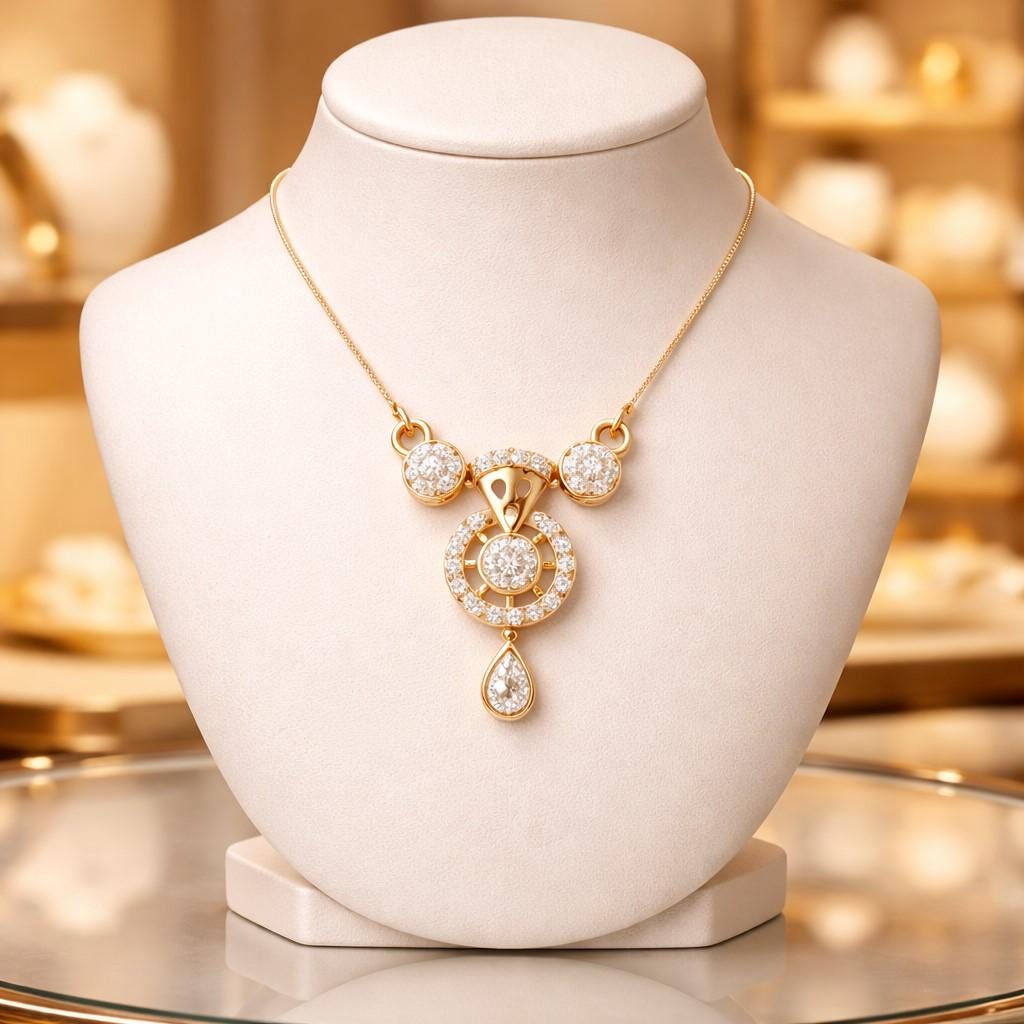 Riora moissanite halo drop necklace with diamond look pendant in gold, rose gold, and silver, ideal for bridal jewelry or weddings.