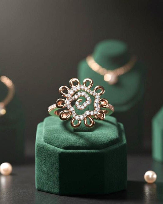 Vintage-inspired floral moissanite diamond statement ring by Riora featuring intricate flower design and sparkling gemstones.