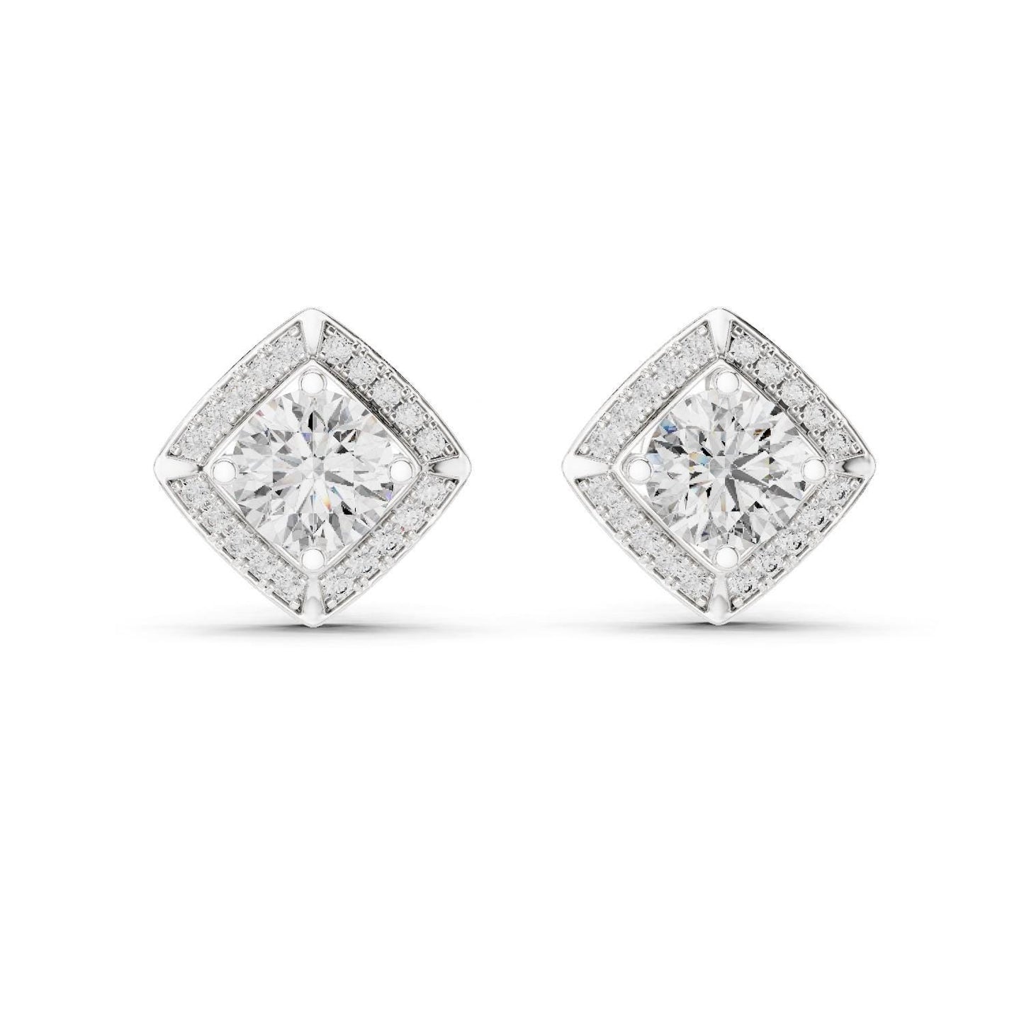 Riora moissanite diamond stud earrings in rose gold and silver, minimalist bridal jewelry for women on a white background