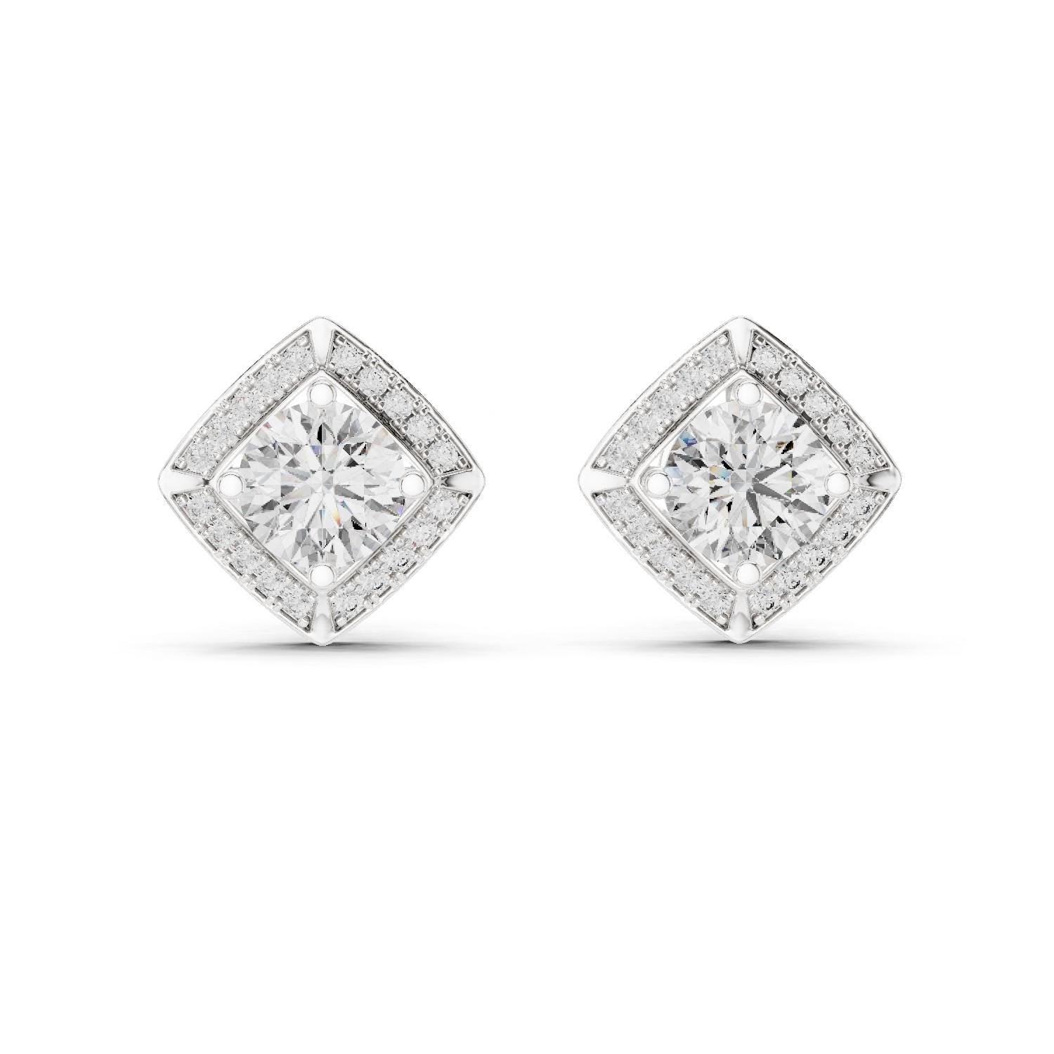 Riora moissanite diamond stud earrings in rose gold and silver, minimalist bridal jewelry for women on a white background