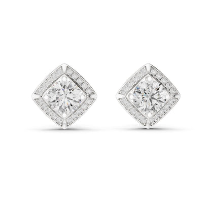 Riora moissanite diamond stud earrings in rose gold and silver, minimalist bridal jewelry for women on a white background